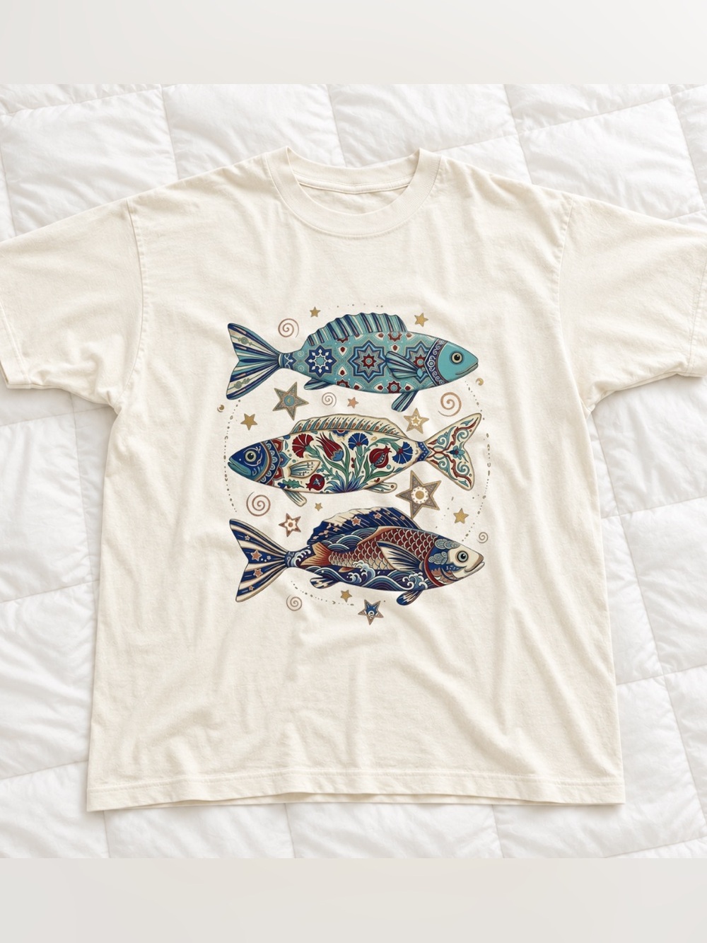 Multicolor Fish Graphic Tee - Unbranded Off White Shirt Vintage Retro Style
